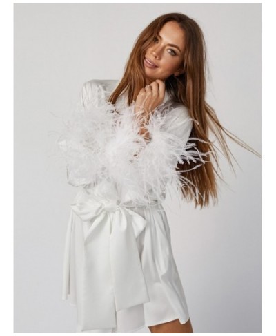 Feathers Bathrobe Female Loose Long Sleeve Sleepwear Sashes White Robes For Women Summer Casual Women Clothing Patchwork $44....