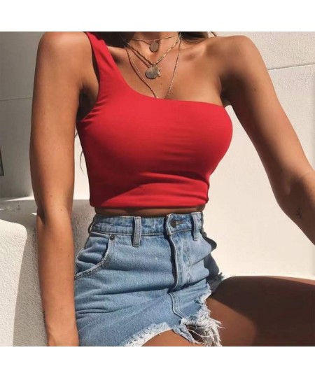 Lady Female One Shoulder Sleeveless T-Shirt Tank Tops Women Summer Sexy t Shirt Solid Casual Short Black Crop Tank Tops Fashi...