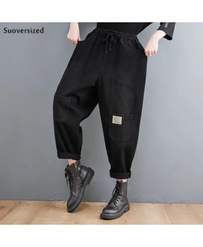 Black Vintage Jeans Elastic Waist Spliced Drawstring Lace Up Baggy Jogging Capris Harem Denim Pants Pantalones De Mujer Cintu...