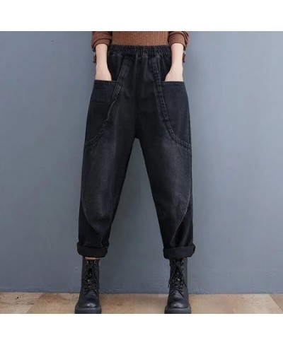 Black Vintage Jeans Elastic Waist Spliced Drawstring Lace Up Baggy Jogging Capris Harem Denim Pants Pantalones De Mujer Cintu...