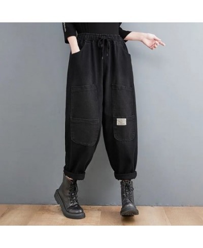 Black Vintage Jeans Elastic Waist Spliced Drawstring Lace Up Baggy Jogging Capris Harem Denim Pants Pantalones De Mujer Cintu...