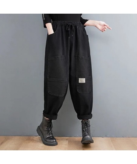 Black Vintage Jeans Elastic Waist Spliced Drawstring Lace Up Baggy Jogging Capris Harem Denim Pants Pantalones De Mujer Cintu...