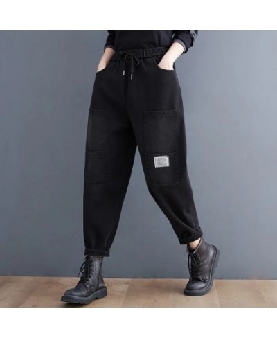 Black Vintage Jeans Elastic Waist Spliced Drawstring Lace Up Baggy Jogging Capris Harem Denim Pants Pantalones De Mujer Cintu...