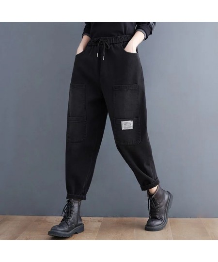 Black Vintage Jeans Elastic Waist Spliced Drawstring Lace Up Baggy Jogging Capris Harem Denim Pants Pantalones De Mujer Cintu...