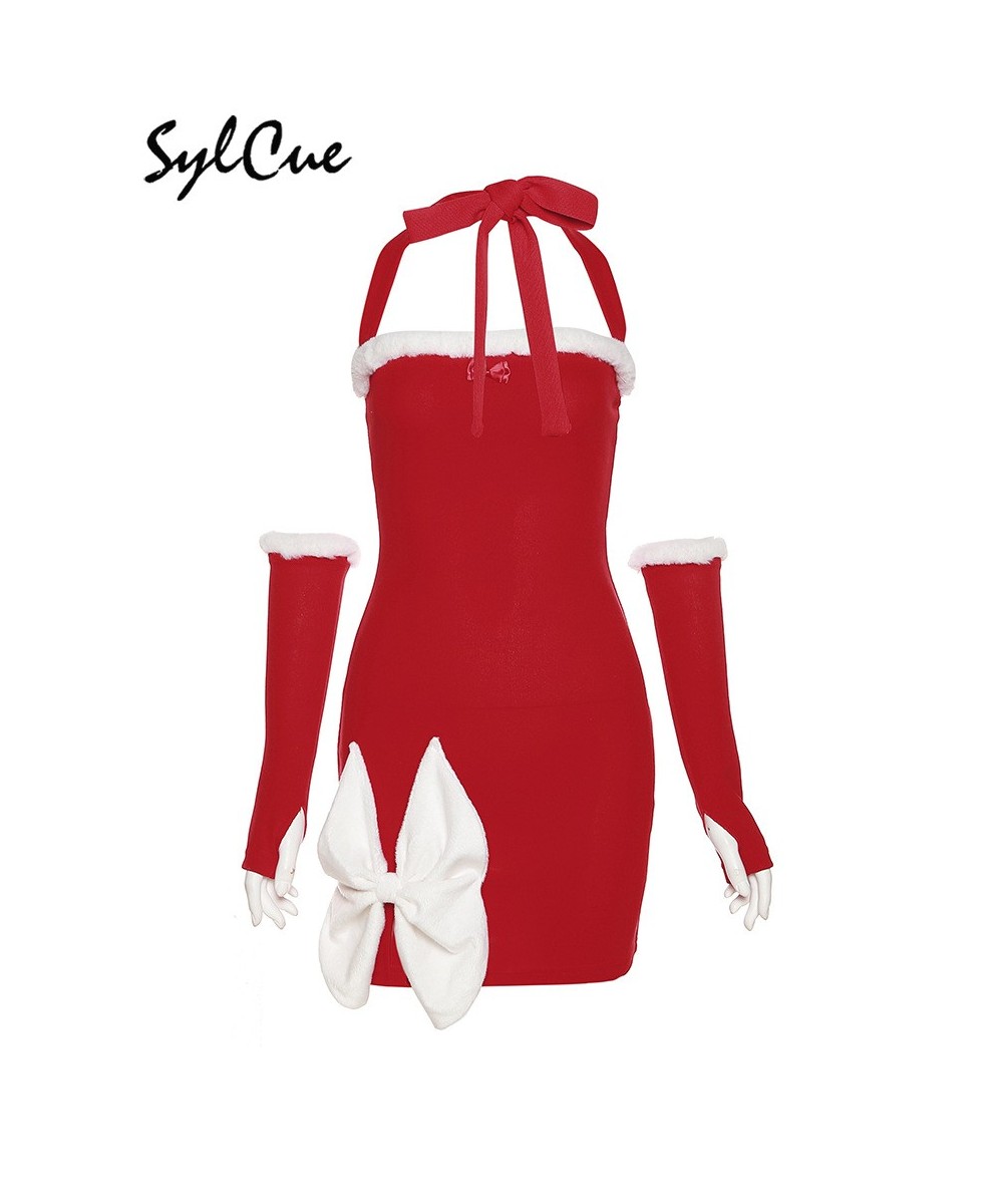 Christmas White Bow Decoration Design Sense Red Vitality Women'S Mature Sexy Hot Slim Fit Halter Knit Dress $31.05 - Dresses