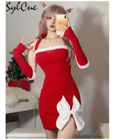 Christmas White Bow Decoration Design Sense Red Vitality Women'S Mature Sexy Hot Slim Fit Halter Knit Dress $31.05 - Dresses