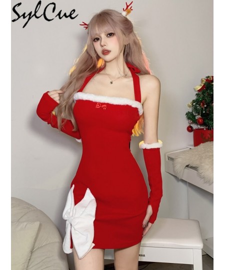 Christmas White Bow Decoration Design Sense Red Vitality Women'S Mature Sexy Hot Slim Fit Halter Knit Dress $31.05 - Dresses