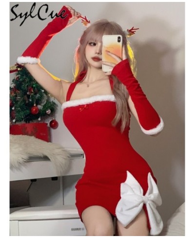 Christmas White Bow Decoration Design Sense Red Vitality Women'S Mature Sexy Hot Slim Fit Halter Knit Dress $31.05 - Dresses