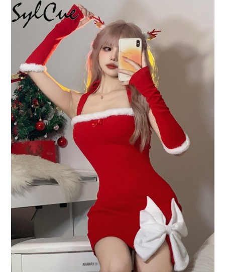 Christmas White Bow Decoration Design Sense Red Vitality Women'S Mature Sexy Hot Slim Fit Halter Knit Dress $31.05 - Dresses