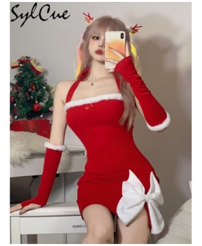 Christmas White Bow Decoration Design Sense Red Vitality Women'S Mature Sexy Hot Slim Fit Halter Knit Dress $31.05 - Dresses