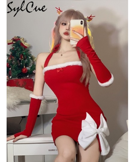 Christmas White Bow Decoration Design Sense Red Vitality Women'S Mature Sexy Hot Slim Fit Halter Knit Dress $31.05 - Dresses