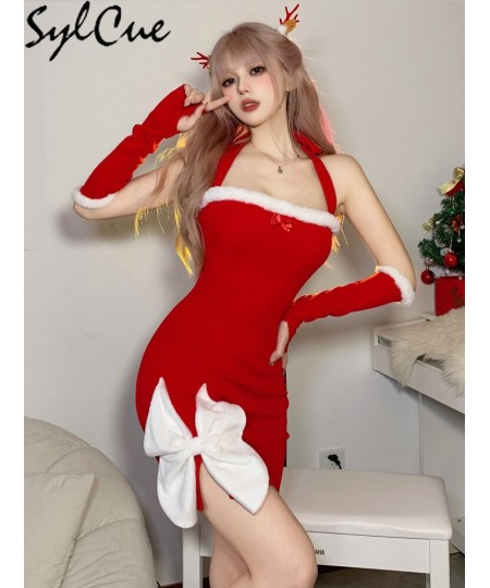 Christmas White Bow Decoration Design Sense Red Vitality Women'S Mature Sexy Hot Slim Fit Halter Knit Dress $31.05 - Dresses