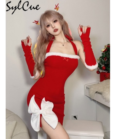 Christmas White Bow Decoration Design Sense Red Vitality Women'S Mature Sexy Hot Slim Fit Halter Knit Dress $31.05 - Dresses