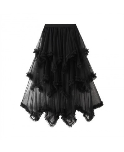 Casual Sweet Ladies Layered Mesh Tulle Long Skirts Summer Elastic High Waist Frill Ruffles Solid Skirt Irregular Hem Women $3...