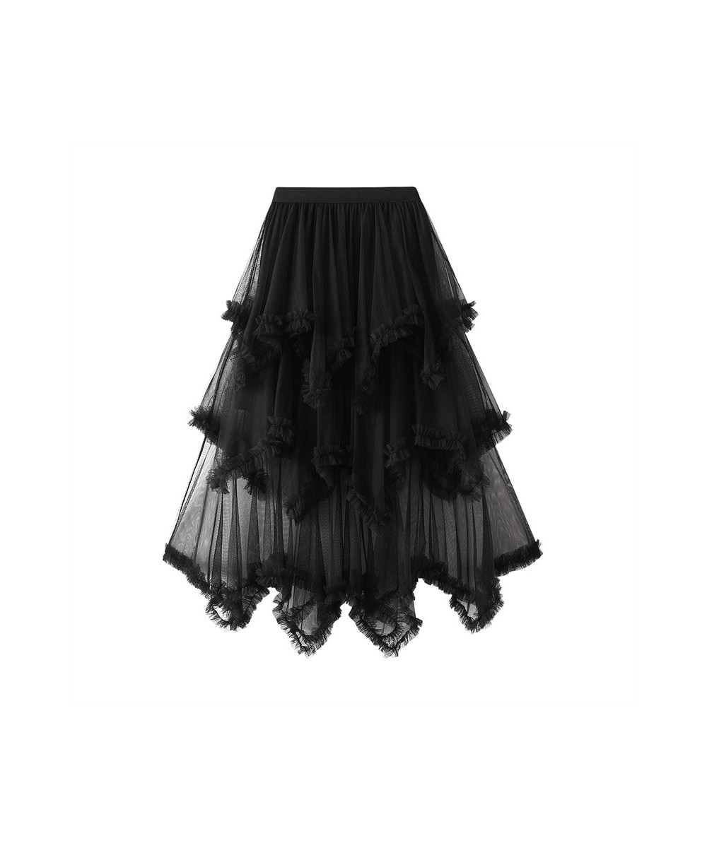 Casual Sweet Ladies Layered Mesh Tulle Long Skirts Summer Elastic High Waist Frill Ruffles Solid Skirt Irregular Hem Women $3...