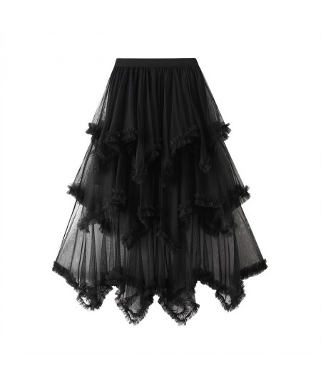 Casual Sweet Ladies Layered Mesh Tulle Long Skirts Summer Elastic High Waist Frill Ruffles Solid Skirt Irregular Hem Women $3...