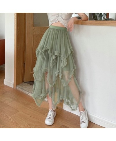 Casual Sweet Ladies Layered Mesh Tulle Long Skirts Summer Elastic High Waist Frill Ruffles Solid Skirt Irregular Hem Women $3...