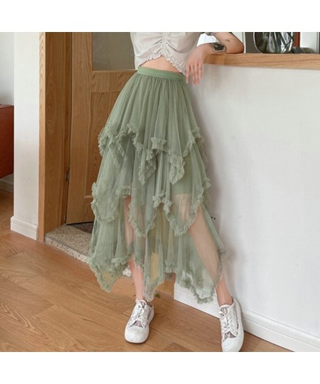 Casual Sweet Ladies Layered Mesh Tulle Long Skirts Summer Elastic High Waist Frill Ruffles Solid Skirt Irregular Hem Women $3...