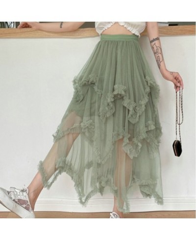 Casual Sweet Ladies Layered Mesh Tulle Long Skirts Summer Elastic High Waist Frill Ruffles Solid Skirt Irregular Hem Women $3...