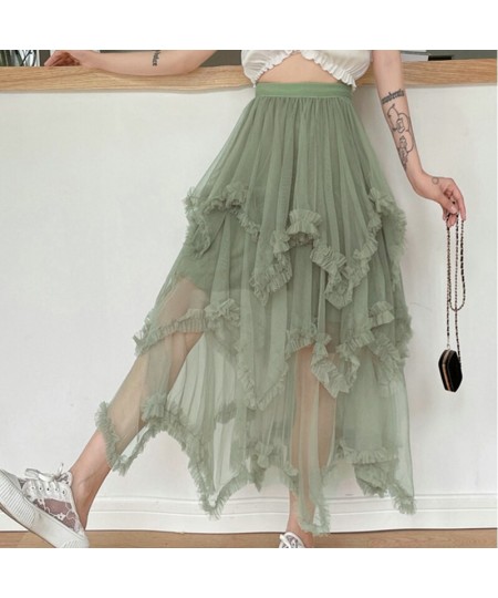 Casual Sweet Ladies Layered Mesh Tulle Long Skirts Summer Elastic High Waist Frill Ruffles Solid Skirt Irregular Hem Women $3...