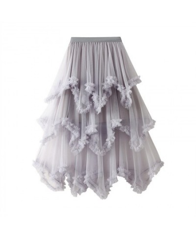 Casual Sweet Ladies Layered Mesh Tulle Long Skirts Summer Elastic High Waist Frill Ruffles Solid Skirt Irregular Hem Women $3...