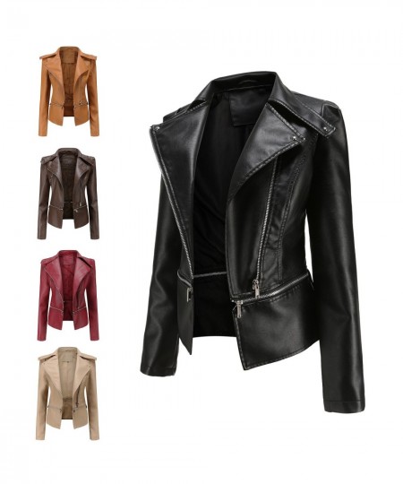 Spring Autumn Motorcycle Faux Leather Jacket Women Casual Leather Coat Female Long Sleeve Turn-down Collar Solid Outwear $55....