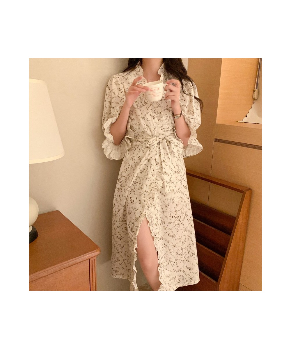 Women Floral Print Night Robe Flare sleeve Ruffles Long Cardigans Nightgown Casual Home Clothes Korea Style Long Sleepwear S1...