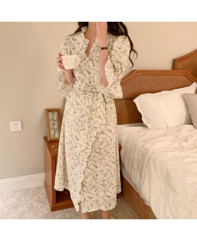 Women Floral Print Night Robe Flare sleeve Ruffles Long Cardigans Nightgown Casual Home Clothes Korea Style Long Sleepwear S1...