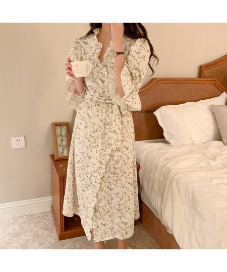 Women Floral Print Night Robe Flare sleeve Ruffles Long Cardigans Nightgown Casual Home Clothes Korea Style Long Sleepwear S1...