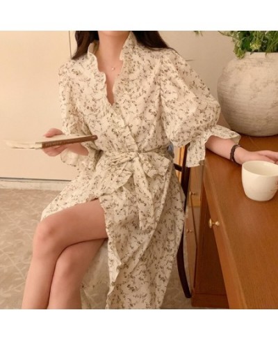 Women Floral Print Night Robe Flare sleeve Ruffles Long Cardigans Nightgown Casual Home Clothes Korea Style Long Sleepwear S1...