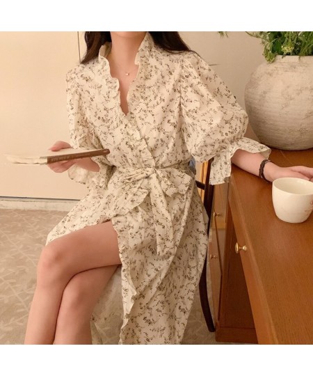 Women Floral Print Night Robe Flare sleeve Ruffles Long Cardigans Nightgown Casual Home Clothes Korea Style Long Sleepwear S1...