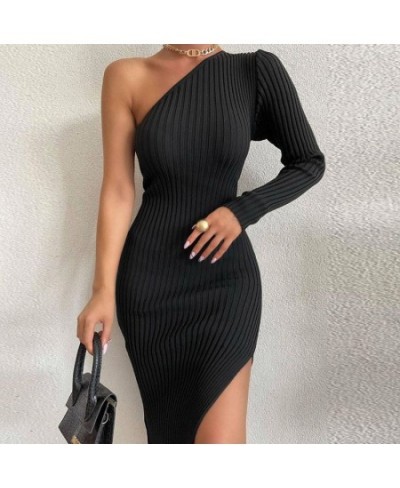 Sexy One Shoulder Long Sleeve Evening Party Dresses Women Knitted Ribbed Bodycon Midi Dress Female 2022 2023 White Black Beig...