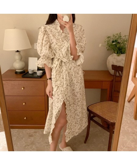 Women Floral Print Night Robe Flare sleeve Ruffles Long Cardigans Nightgown Casual Home Clothes Korea Style Long Sleepwear S1...