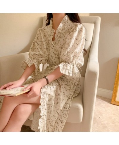 Women Floral Print Night Robe Flare sleeve Ruffles Long Cardigans Nightgown Casual Home Clothes Korea Style Long Sleepwear S1...