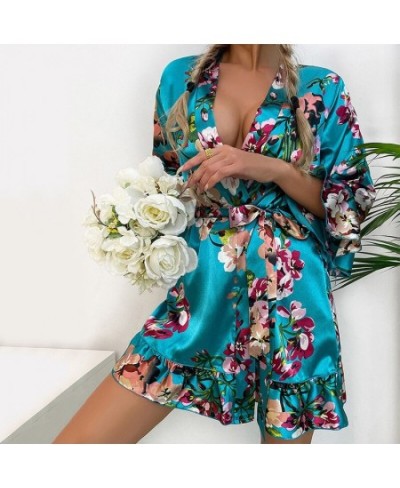 Rayon Crane Floral Print Robe Gown Women Sexy Ruffles Hem Kimono Bathrobe Flare Sleeve Sleepwear Casual Nightgown Loungewear ...