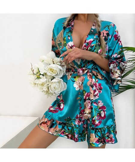 Rayon Crane Floral Print Robe Gown Women Sexy Ruffles Hem Kimono Bathrobe Flare Sleeve Sleepwear Casual Nightgown Loungewear ...