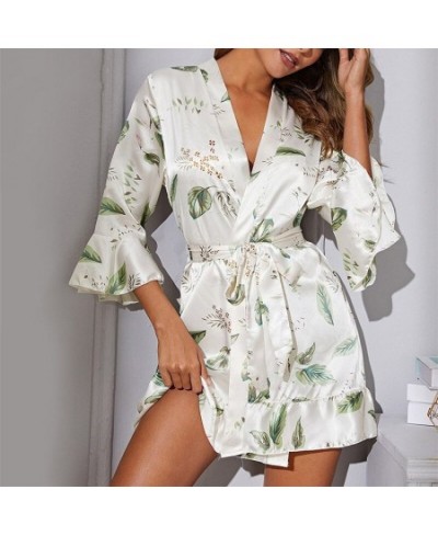 Rayon Crane Floral Print Robe Gown Women Sexy Ruffles Hem Kimono Bathrobe Flare Sleeve Sleepwear Casual Nightgown Loungewear ...