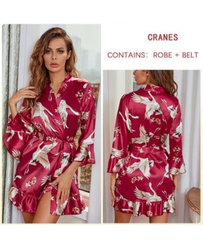 Rayon Crane Floral Print Robe Gown Women Sexy Ruffles Hem Kimono Bathrobe Flare Sleeve Sleepwear Casual Nightgown Loungewear ...