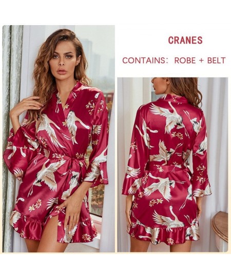 Rayon Crane Floral Print Robe Gown Women Sexy Ruffles Hem Kimono Bathrobe Flare Sleeve Sleepwear Casual Nightgown Loungewear ...