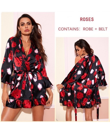 Rayon Crane Floral Print Robe Gown Women Sexy Ruffles Hem Kimono Bathrobe Flare Sleeve Sleepwear Casual Nightgown Loungewear ...