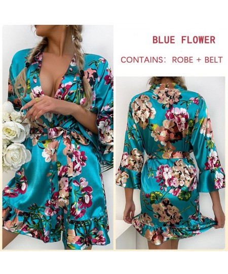 Rayon Crane Floral Print Robe Gown Women Sexy Ruffles Hem Kimono Bathrobe Flare Sleeve Sleepwear Casual Nightgown Loungewear ...