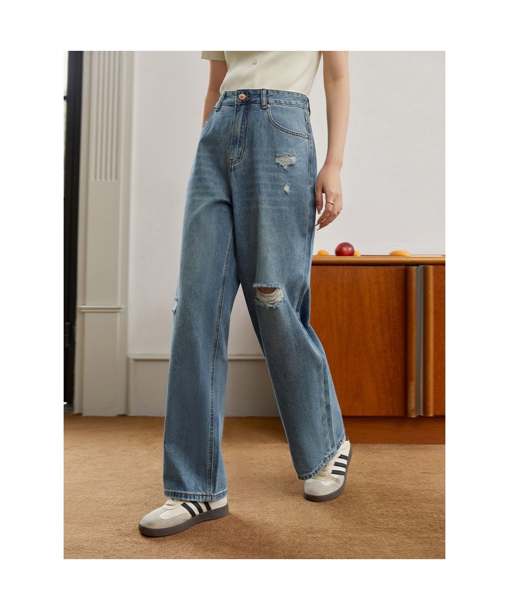 Old Retro Style Washed Ripped Jeans for Women Summer New High Street Loose Straight-leg Pants Simple Jeans for Female $82.95 ...