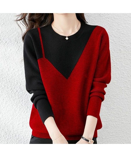 Fashion O-Neck Knitted Spliced Korean Sweater Women's Clothing 2022 Autumn Oversized Casual Pullovers All-match Commute Tops ...