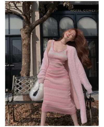 Sweet Set Women's 2022 Autumn Winter New Rainbow Stripe Dress Medium Long Knitted Cardigan Two Piece Set Fashion Female Cloth...