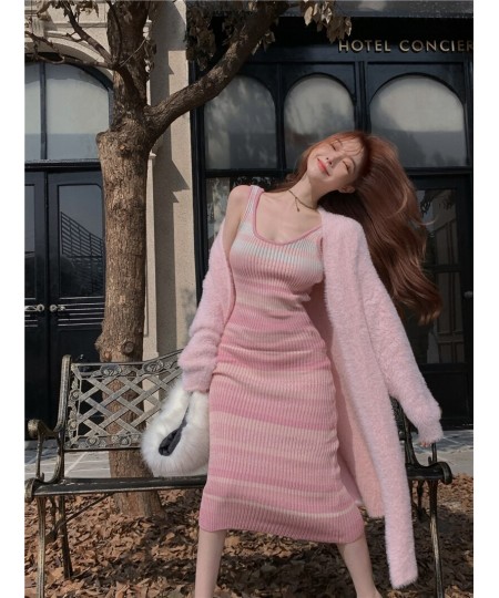 Sweet Set Women's 2022 Autumn Winter New Rainbow Stripe Dress Medium Long Knitted Cardigan Two Piece Set Fashion Female Cloth...