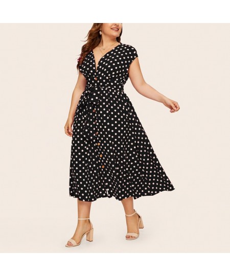 Plus Size Summer Women Dress Classic Black White Elegant Polka Dot Tunic Long Dresses Fashion V-Neck Bandage Button Maxi $31....