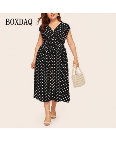 Plus Size Summer Women Dress Classic Black White Elegant Polka Dot Tunic Long Dresses Fashion V-Neck Bandage Button Maxi $31....