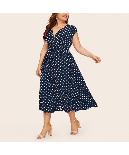 Plus Size Summer Women Dress Classic Black White Elegant Polka Dot Tunic Long Dresses Fashion V-Neck Bandage Button Maxi $31....