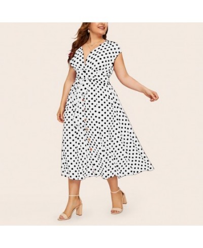 Plus Size Summer Women Dress Classic Black White Elegant Polka Dot Tunic Long Dresses Fashion V-Neck Bandage Button Maxi $31....