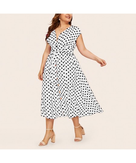 Plus Size Summer Women Dress Classic Black White Elegant Polka Dot Tunic Long Dresses Fashion V-Neck Bandage Button Maxi $31....